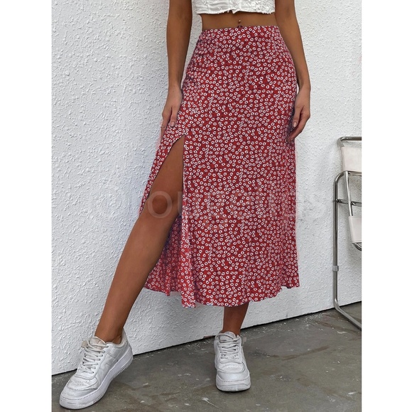 Rouge! Dresses & Skirts - Floral White on Red Midi Wrap Skirt A-line, Leg Slit